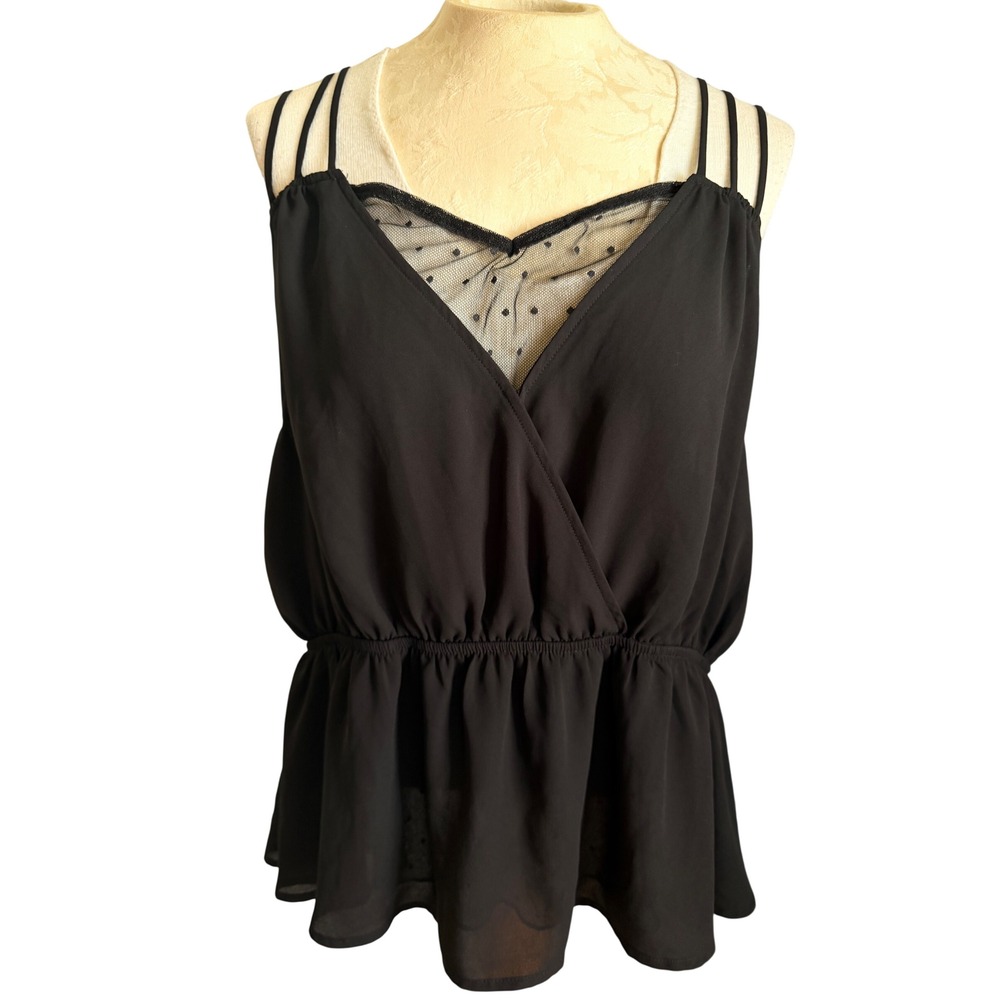 Maurices Black Peplum Cami Top XXL Polka Dot Mesh Wrap Triple Strap Chiffon